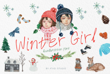 Winter Girl Font & Watercolor Winter Theme Bundle Script Font